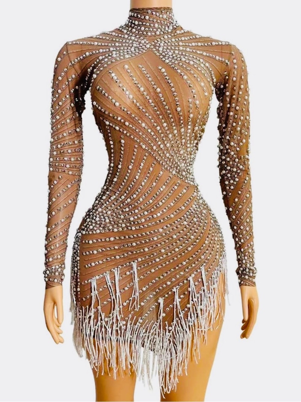 NWOT Glam Rhinestone Pearl Illusion Fringe Mini Dress - One Size Fits Up to M